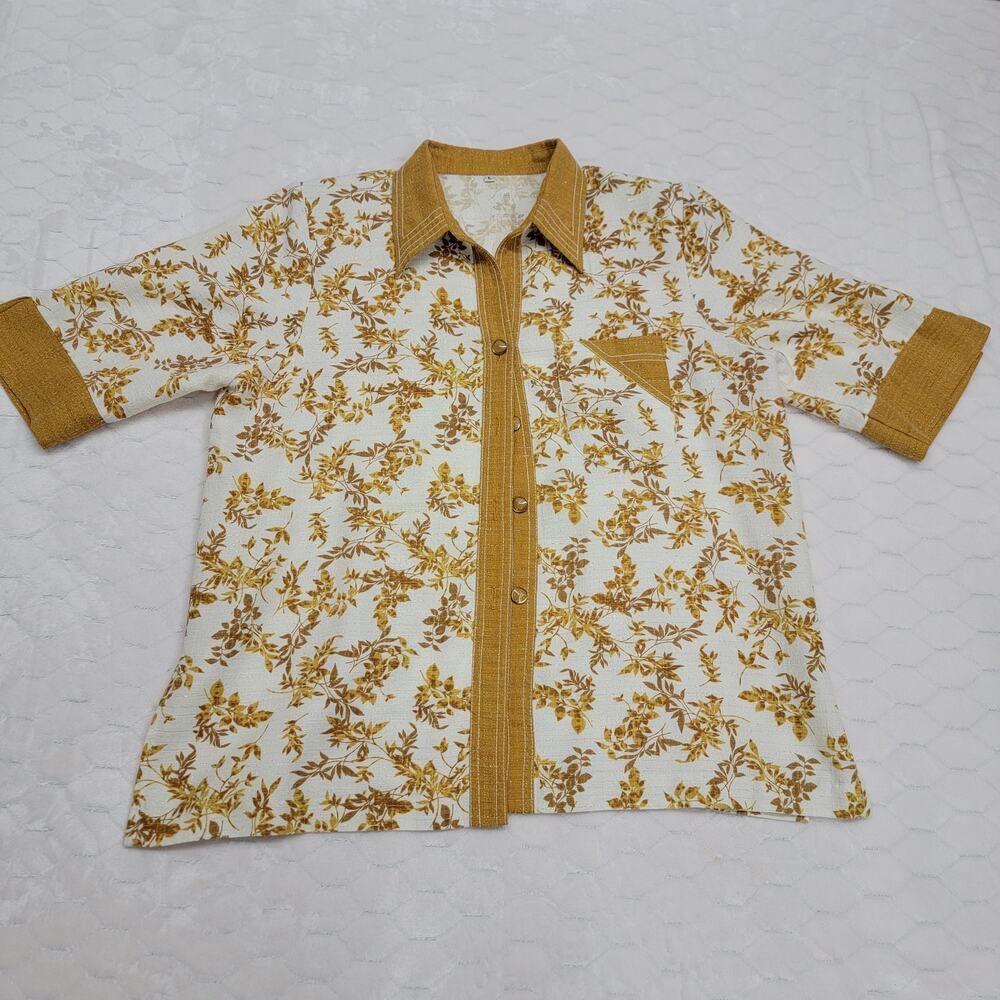 Vintage 70s Gold Metallic Floral Blouse L Sparkle Dagger Collar Retro Top